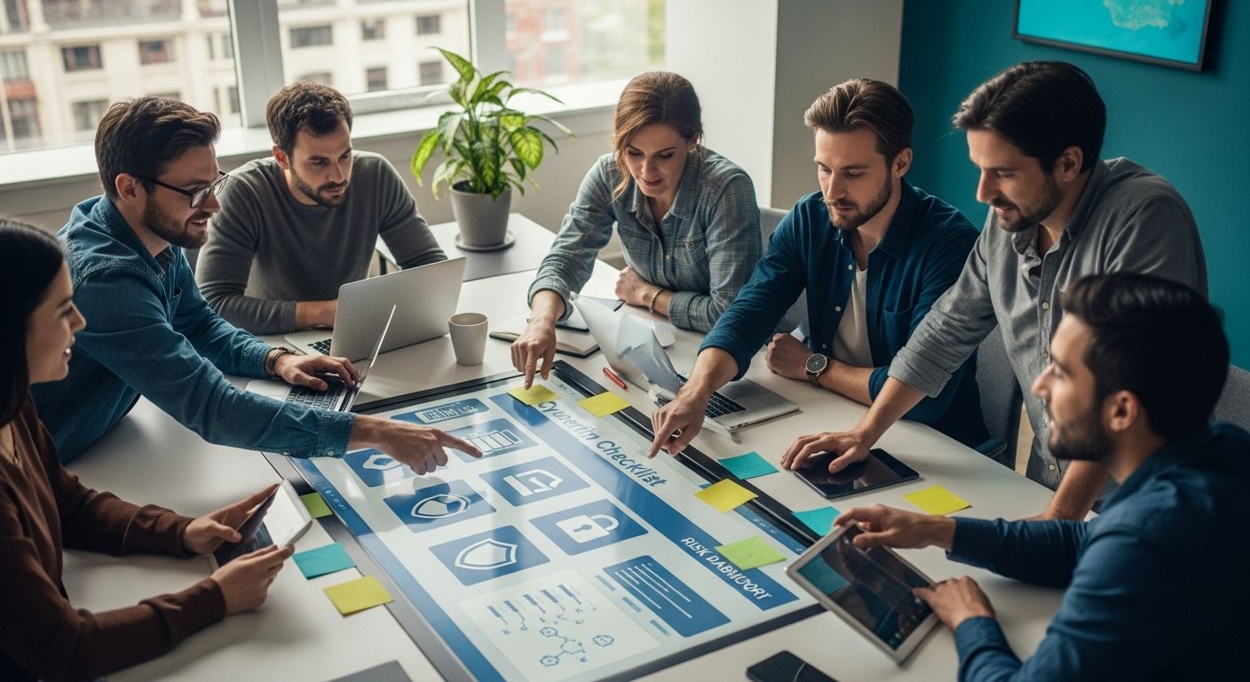 cybersecurity team, digital checklist, office collaboration