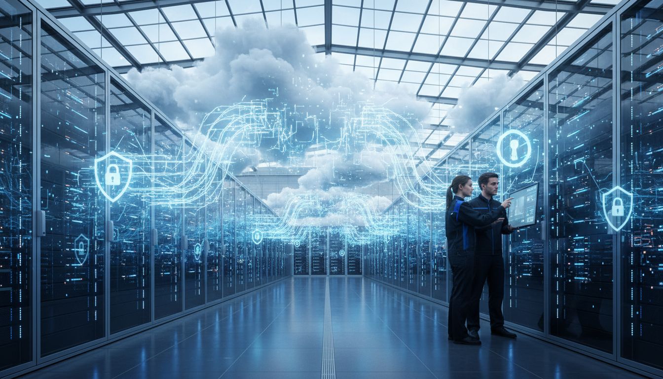 Modern server room with cloud security elements