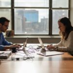 Two small business owners discussing security in office