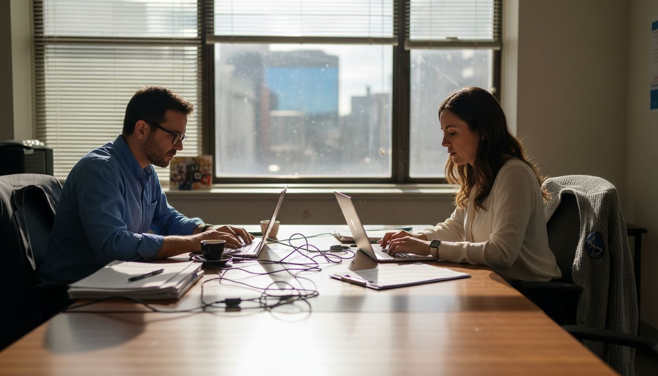 Two small business owners discussing security in office