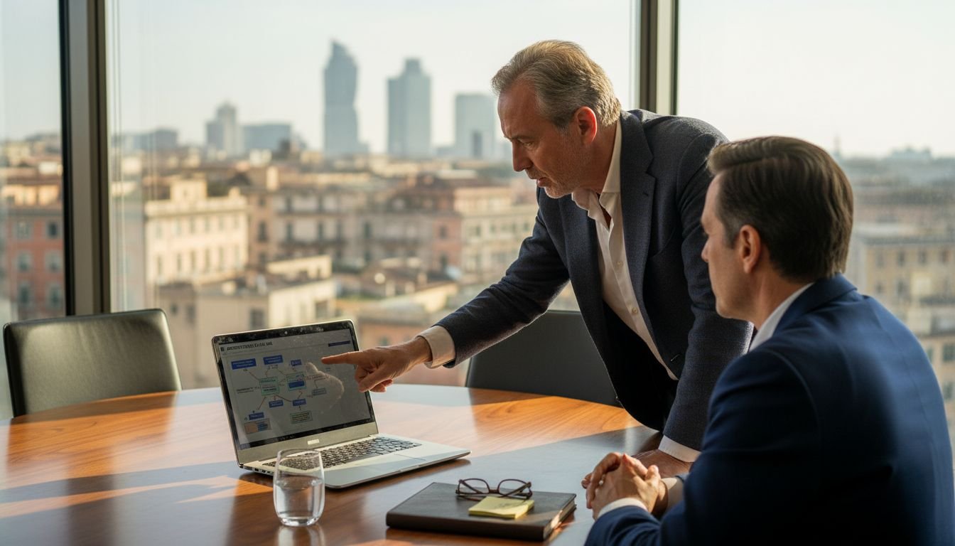 Un dirigente affronta il tema della leadership nella cybersecurity durante una riunione al tavolo con i colleghi.