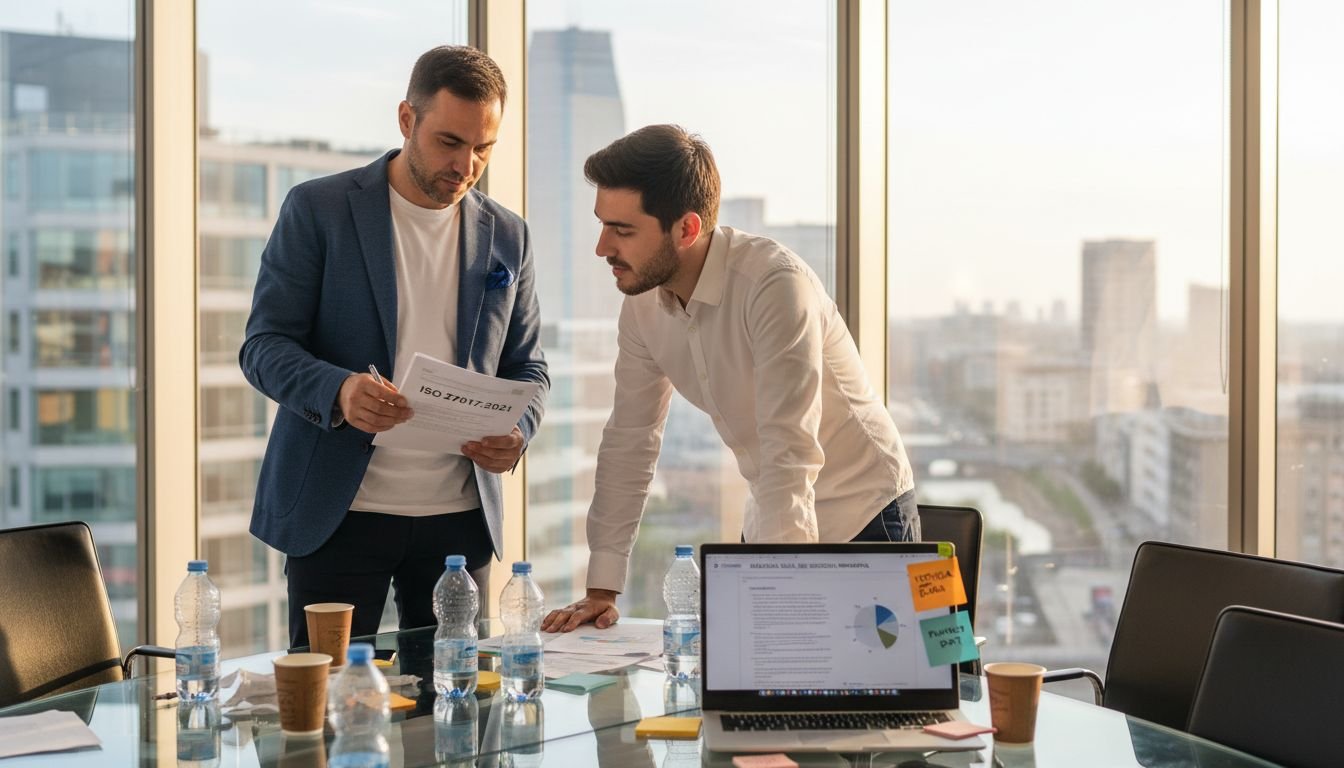 Il responsabile IT e un collega stanno esaminando insieme la documentazione ISO.