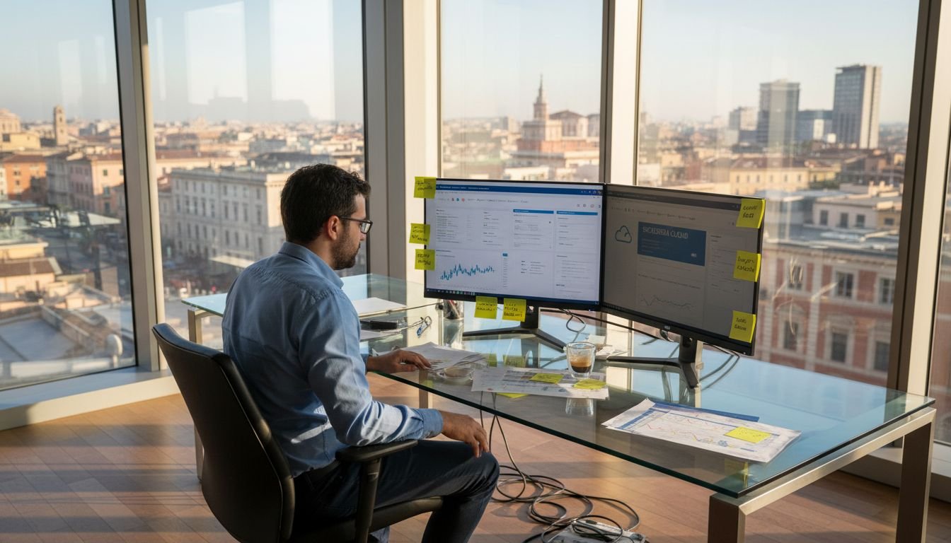 Responsabile IT che analizza il pannello di controllo della sicurezza in cloud