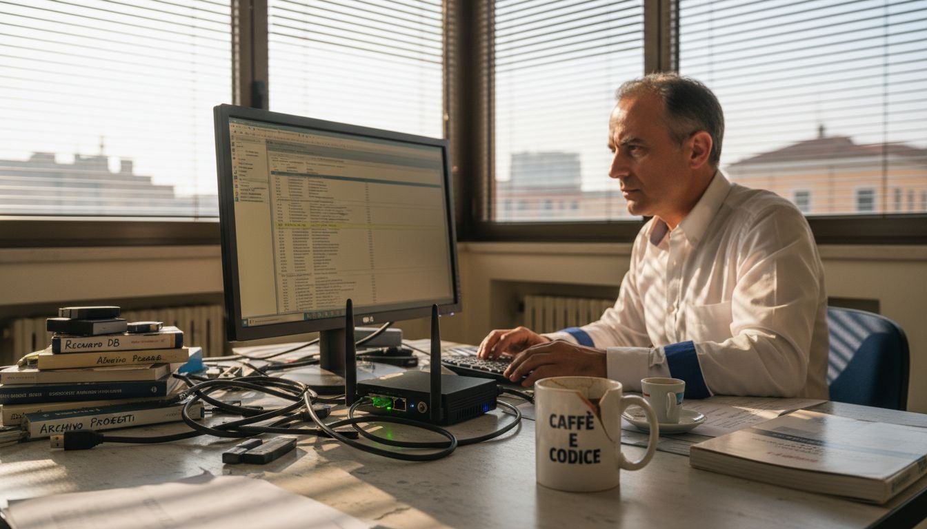 Il responsabile IT controlla i registri di backup nel suo ufficio.