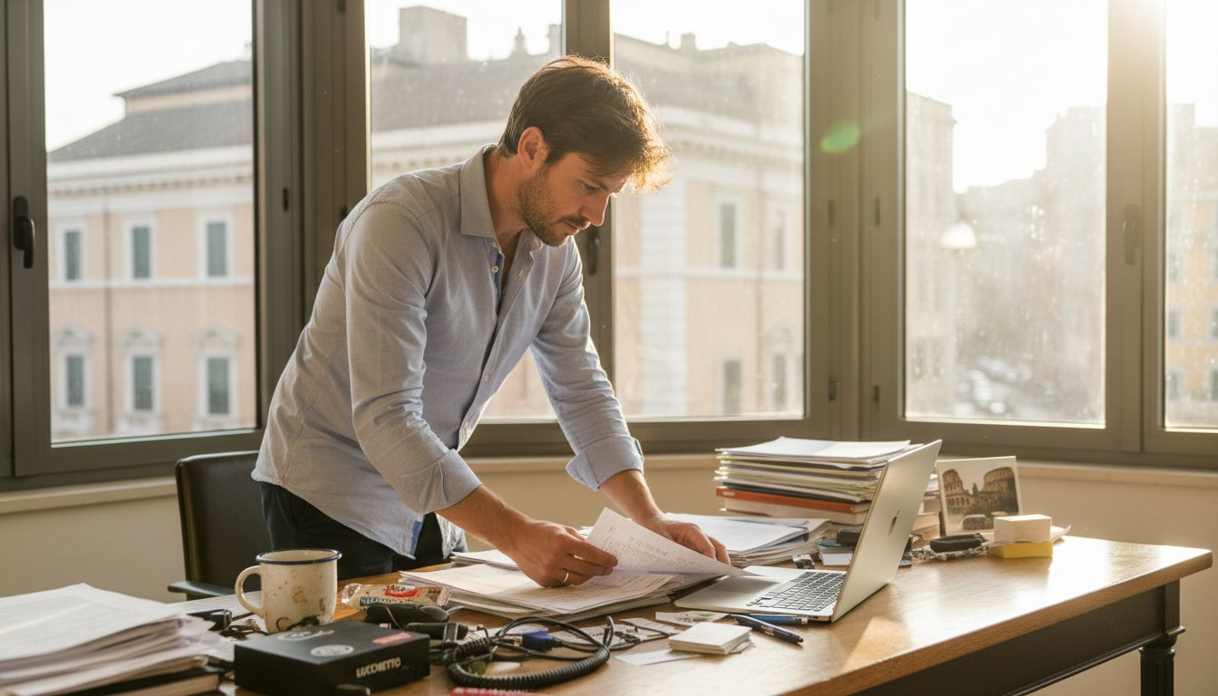 Ufficio di una piccola impresa, il titolare controlla la documentazione