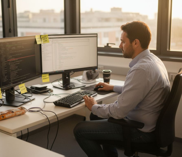 Responsabile IT alla sua scrivania piena di documenti e cavi, in un angolo dell’ufficio