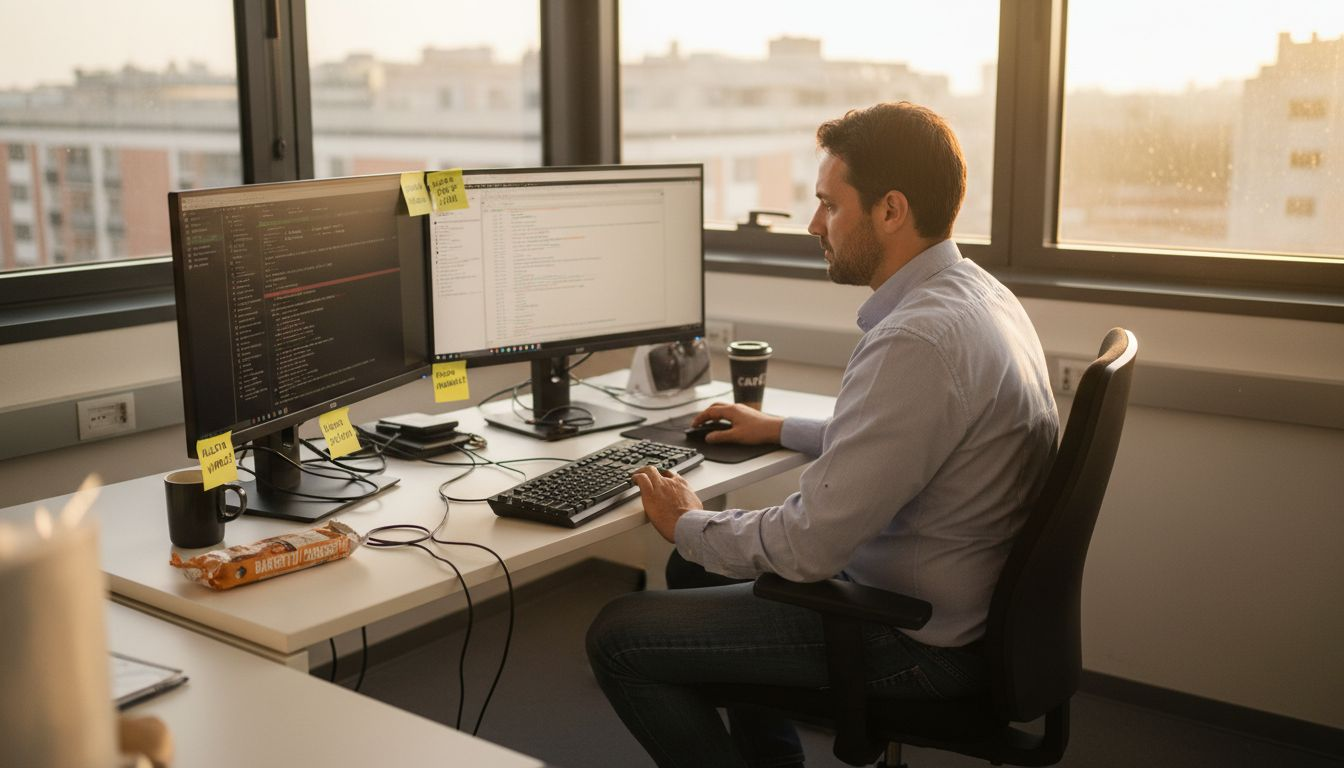 Responsabile IT alla sua scrivania piena di documenti e cavi, in un angolo dell’ufficio