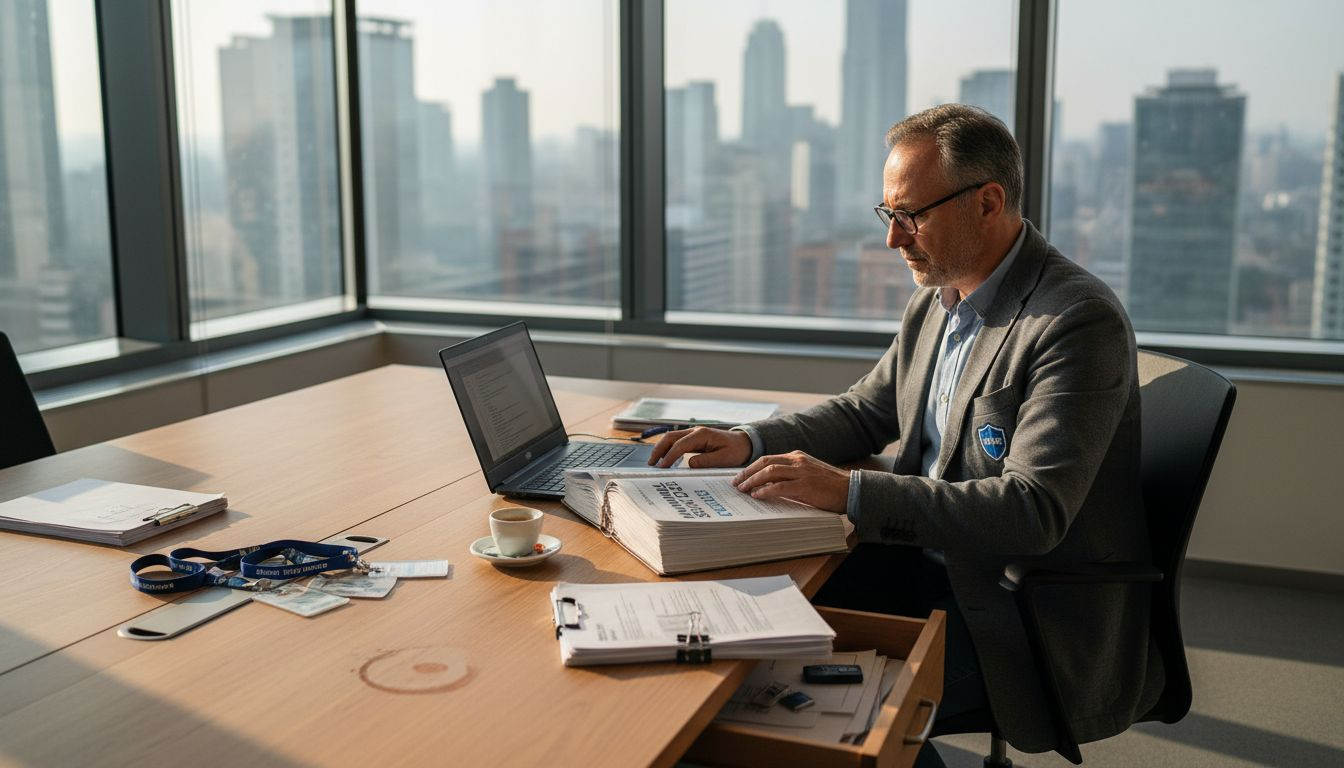 Consulente esperto in sicurezza informatica impegnato nell’analisi del manuale ISO