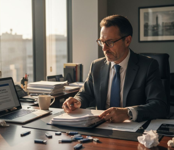 Un manager analizza i rischi legati alla sicurezza informatica in ufficio.