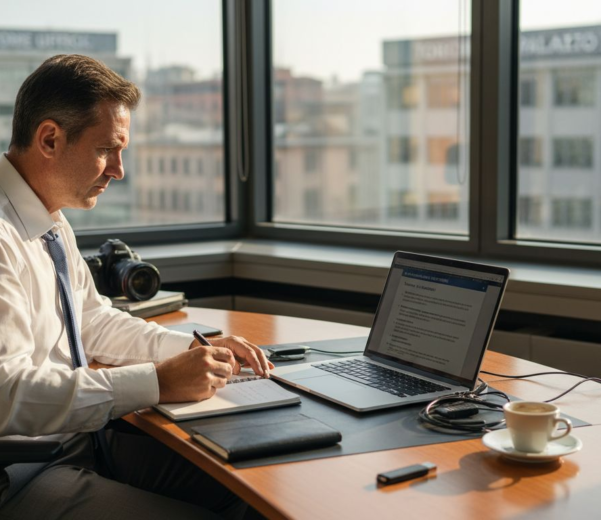 Responsabile IT che analizza un report sulle vulnerabilità alla propria scrivania