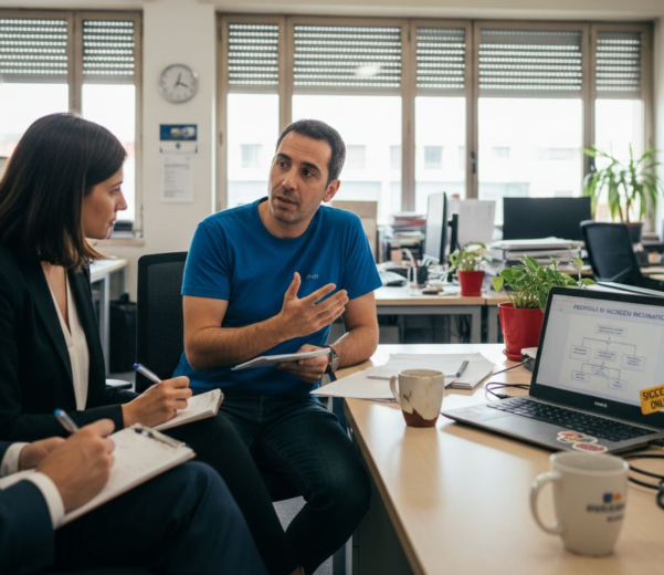 Il responsabile IT illustra le buone pratiche di sicurezza informatica in ufficio per le piccole e medie imprese.