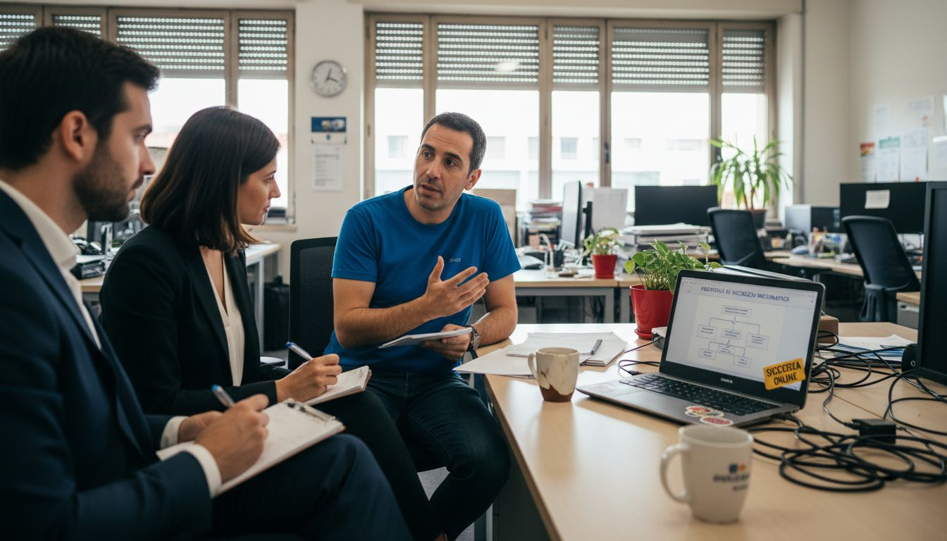 Il responsabile IT illustra le buone pratiche di sicurezza informatica in ufficio per le piccole e medie imprese.