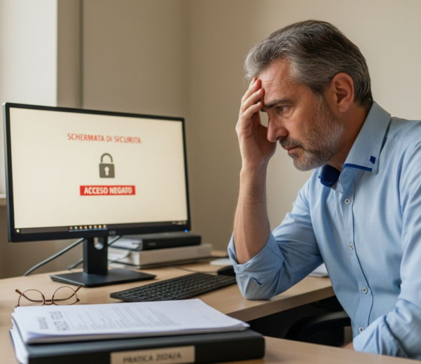 Imprenditore italiano al lavoro sul computer per proteggere i dati aziendali