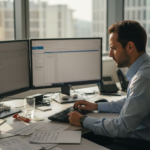 Il responsabile IT sta esaminando un report di audit alla sua scrivania in ufficio.