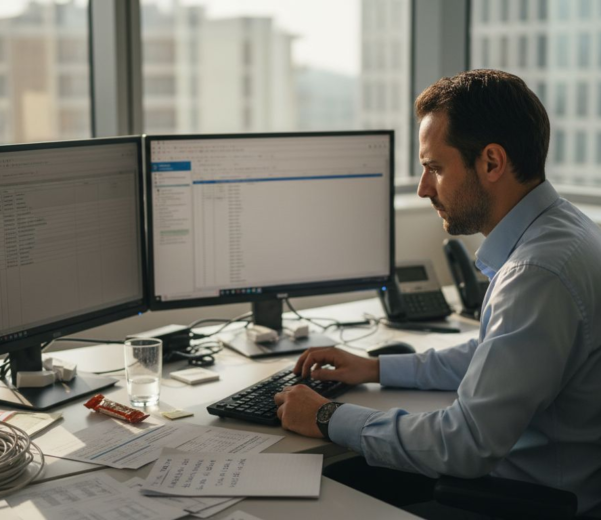 Il responsabile IT sta esaminando un report di audit alla sua scrivania in ufficio.