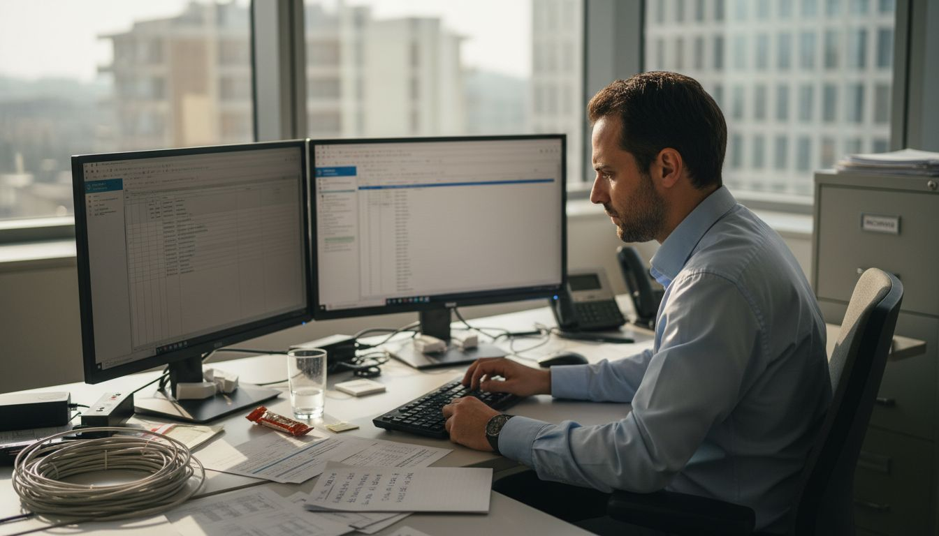 Il responsabile IT sta esaminando un report di audit alla sua scrivania in ufficio.