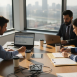 Un gruppo di lavoro esamina in ufficio la checklist per l’audit ISO 27017, discutendo insieme i punti chiave per garantire la conformità.