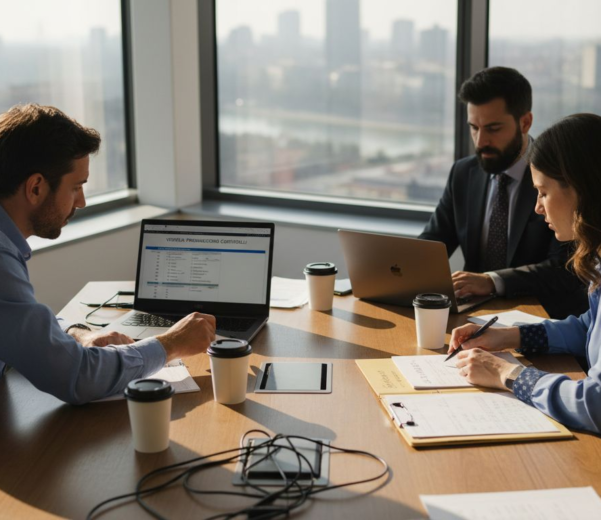Un gruppo di lavoro esamina in ufficio la checklist per l’audit ISO 27017, discutendo insieme i punti chiave per garantire la conformità.