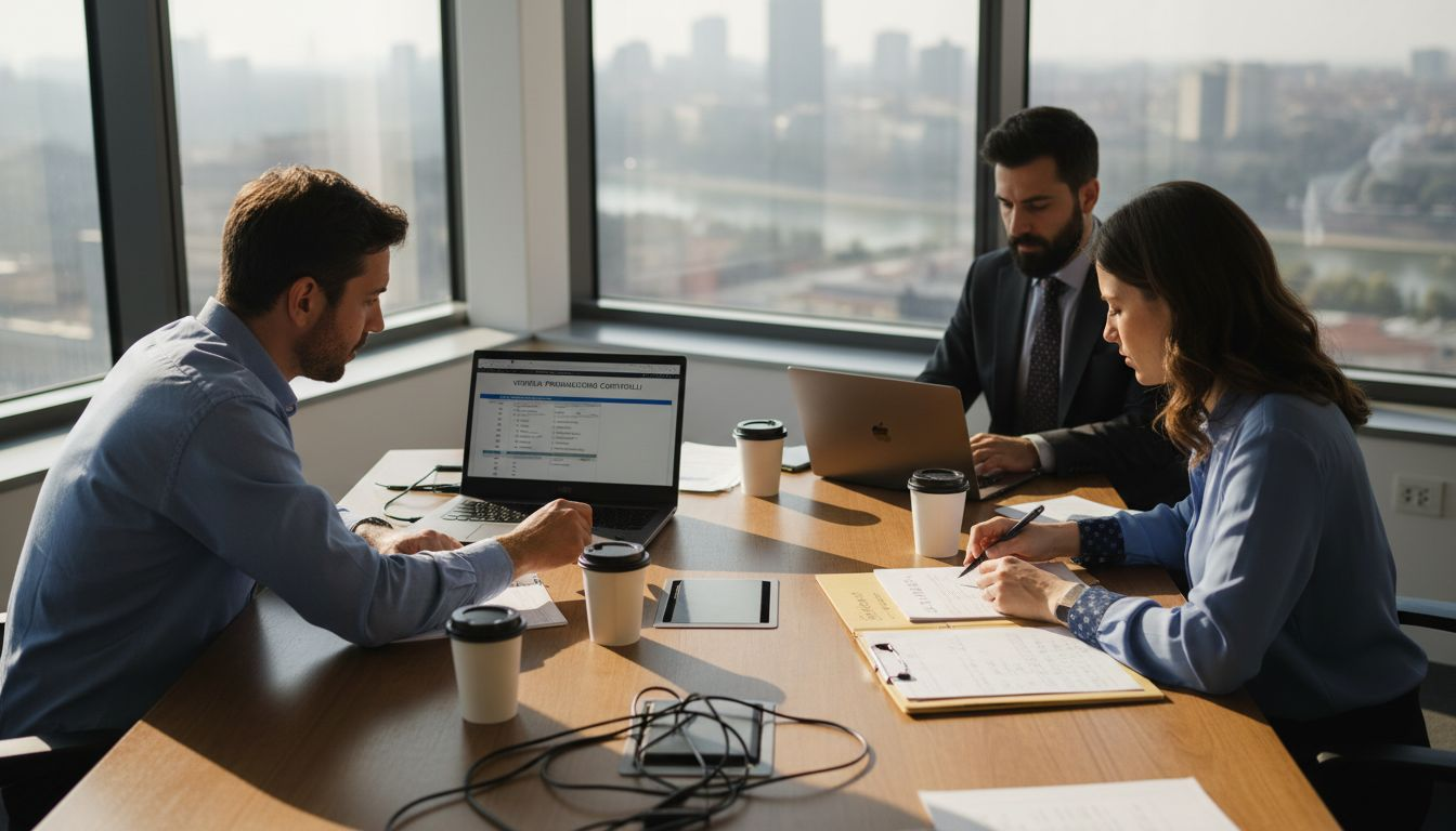 Un gruppo di lavoro esamina in ufficio la checklist per l’audit ISO 27017, discutendo insieme i punti chiave per garantire la conformità.