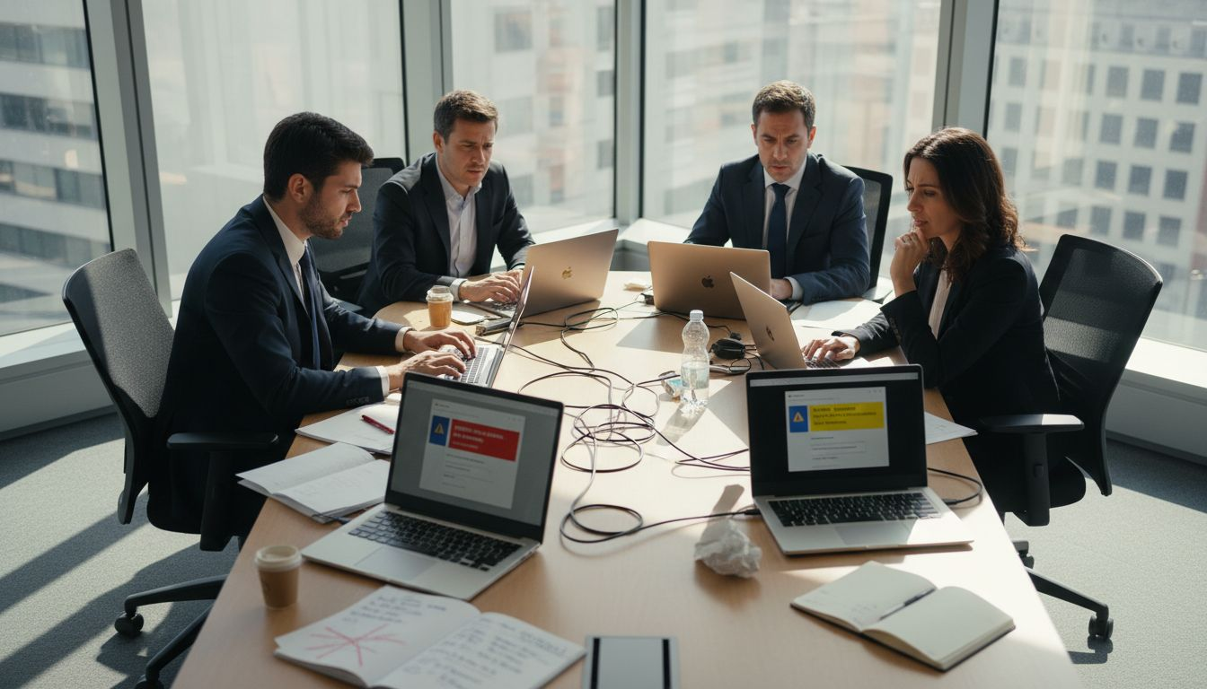 Un team riunito nell’ufficio direzionale sta gestendo un’emergenza legata alla sicurezza informatica.