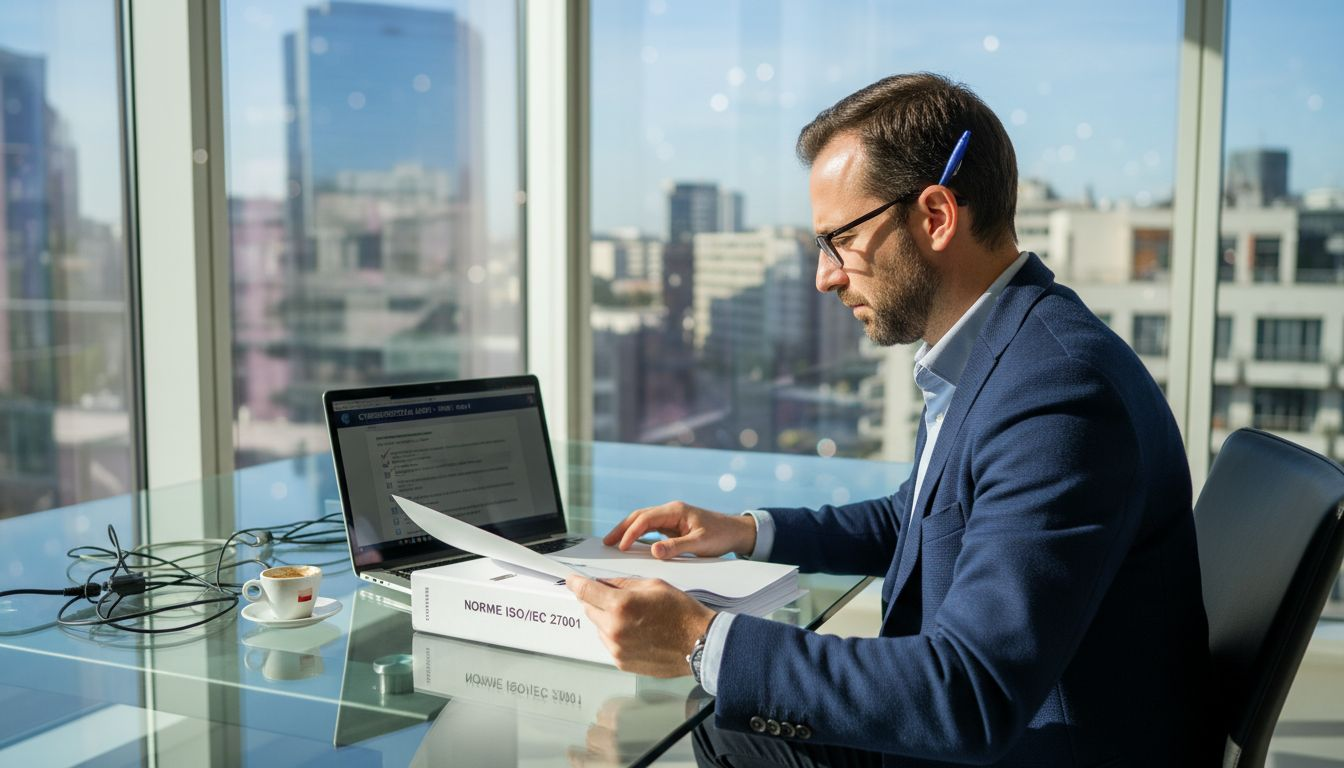 Un esperto di sicurezza informatica sta verificando che l’azienda rispetti gli standard ISO direttamente in ufficio.