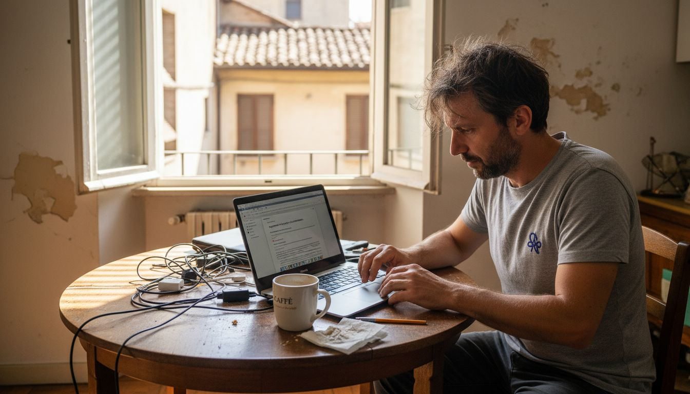 Una tipica scena di smart working: lavorare in modo informale al computer, seduti al tavolo della cucina di casa.