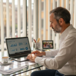 Responsabile aziendale che controlla le impostazioni di sicurezza sul cloud dal suo portatile.