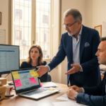 Imprenditore italiano riunisce il suo team per discutere dei rischi informatici legati all’azienda.