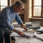 Imprenditore alle prese con l'organizzazione dei documenti ISO sulla scrivania dell'ufficio.