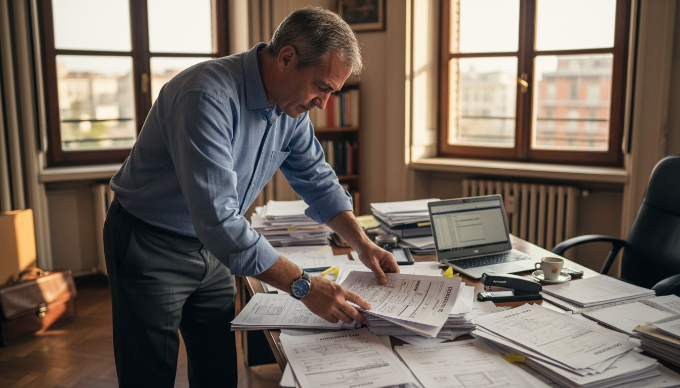 Imprenditore alle prese con l'organizzazione dei documenti ISO sulla scrivania dell'ufficio.