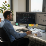 Un responsabile IT al lavoro che verifica la sicurezza dei sistemi cloud nell’ufficio.