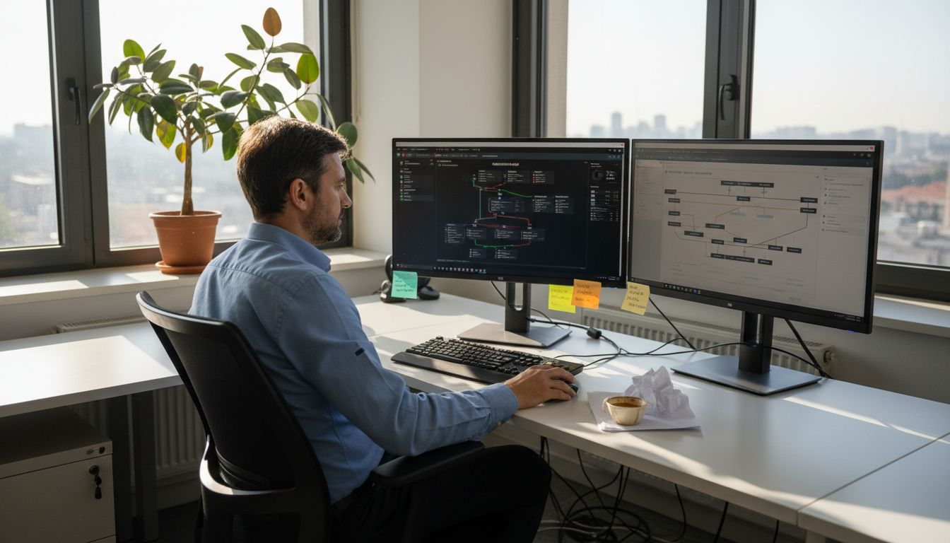 Un responsabile IT al lavoro che verifica la sicurezza dei sistemi cloud nell’ufficio.