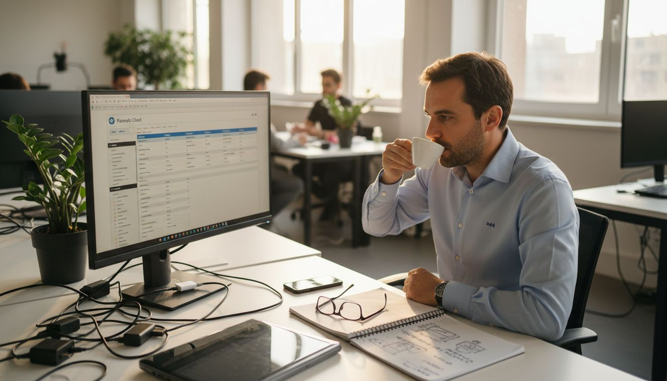 Il responsabile IT sta analizzando le soluzioni di sicurezza cloud direttamente dall’ufficio, verificando che i sistemi siano protetti e conformi agli standard aziendali.