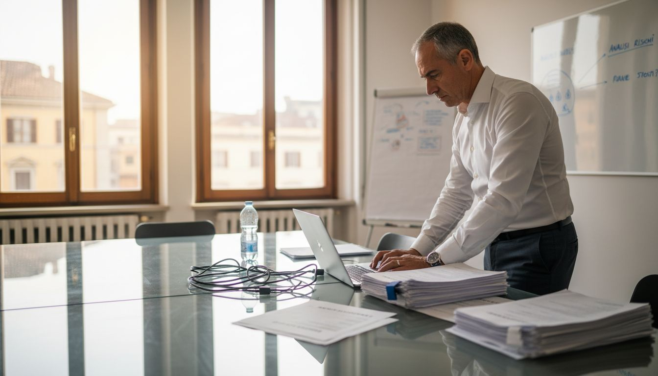 Il responsabile della sicurezza informatica sta analizzando i rapporti sugli incidenti direttamente in ufficio.