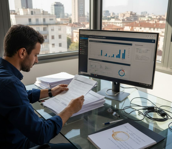 Il responsabile IT esamina la documentazione relativa alla sicurezza secondo lo standard ISO 27001.