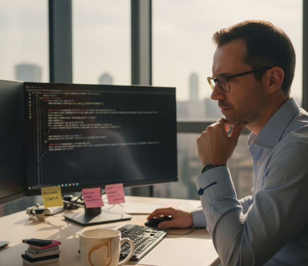 Un analista della sicurezza esamina il codice sorgente di un software nel suo ufficio.