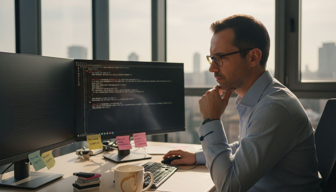 Un analista della sicurezza esamina il codice sorgente di un software nel suo ufficio.