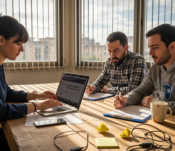Un gruppo di colleghi si confronta in ufficio sui contenuti della formazione sulla sicurezza informatica.