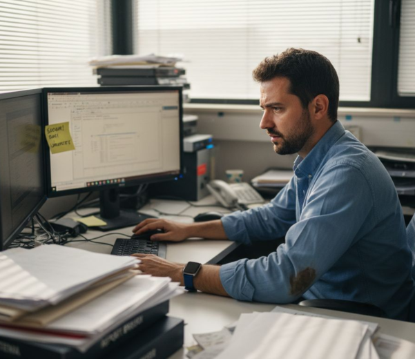 Responsabile IT preoccupato, sommerso da pile di documenti e dispositivi sparsi sulla scrivania nel suo ufficio.