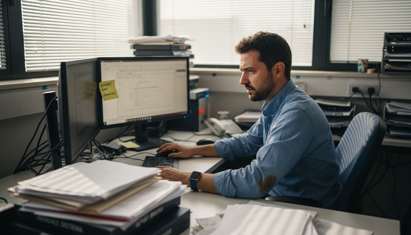 Responsabile IT preoccupato, sommerso da pile di documenti e dispositivi sparsi sulla scrivania nel suo ufficio.