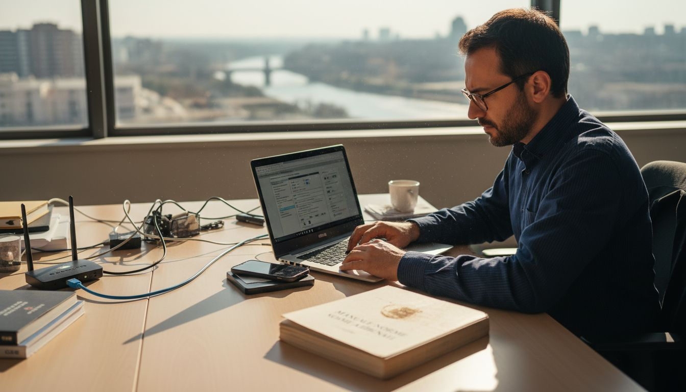 Il responsabile IT controlla la sicurezza dei laptop in ufficio.