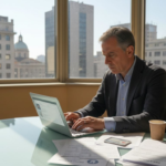 Imprenditore italiano che gestisce la propria attività tramite una dashboard cloud, seduto al tavolo del suo ufficio.