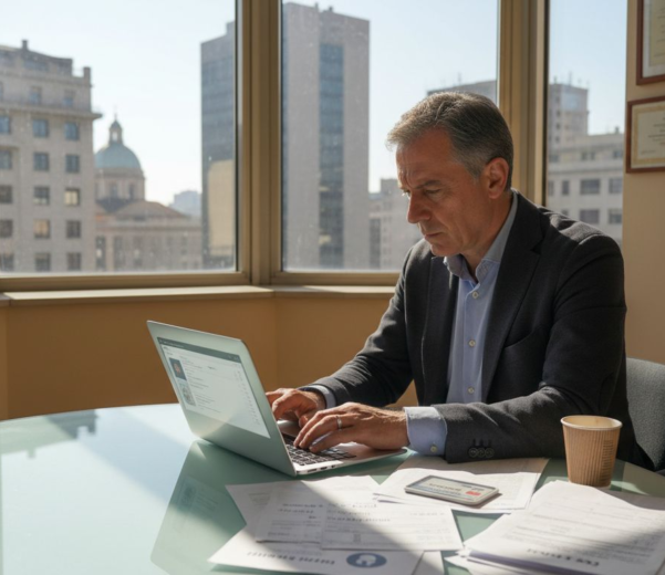 Imprenditore italiano che gestisce la propria attività tramite una dashboard cloud, seduto al tavolo del suo ufficio.