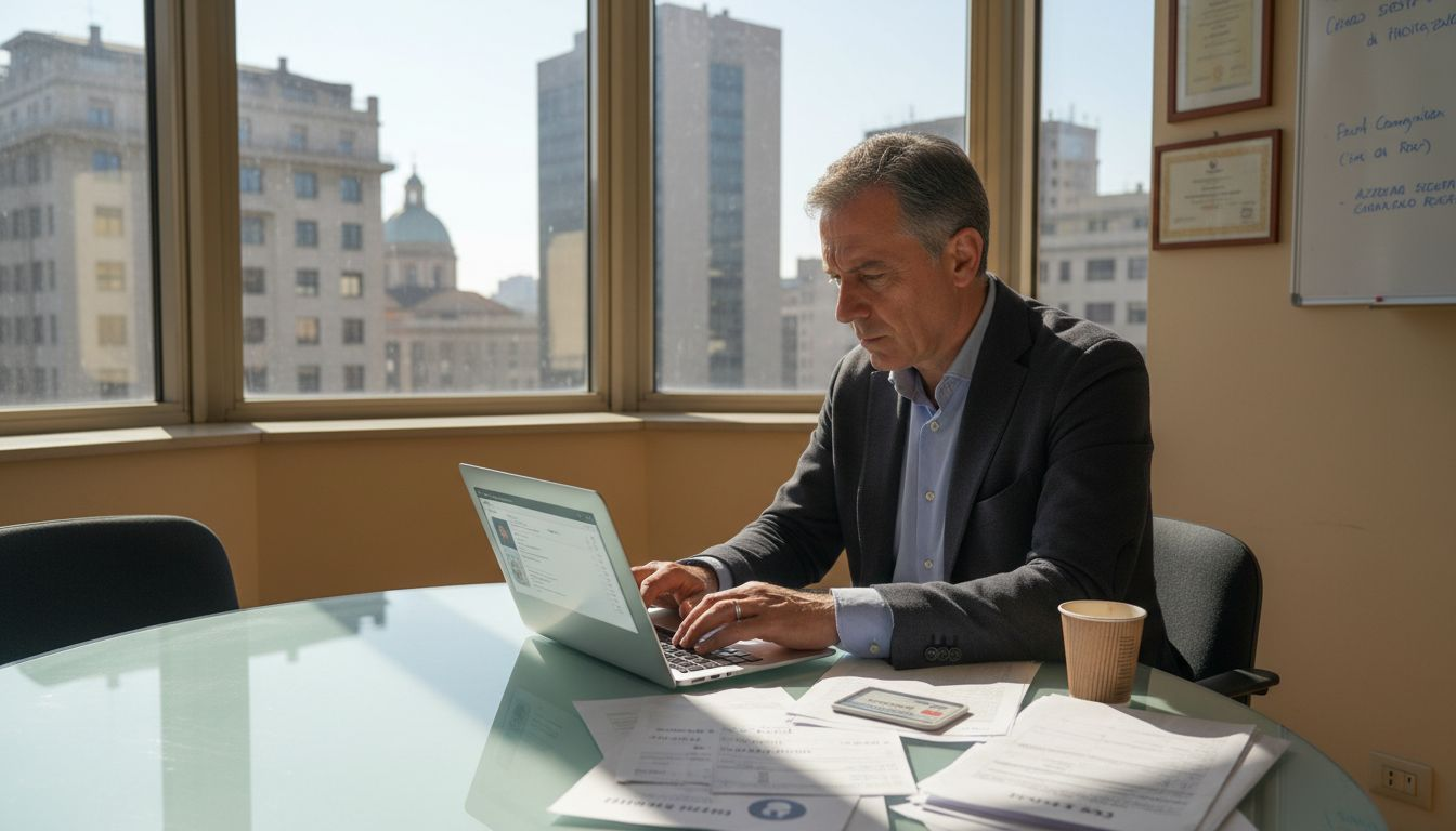 Imprenditore italiano che gestisce la propria attività tramite una dashboard cloud, seduto al tavolo del suo ufficio.