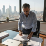 Un dirigente sta esaminando documenti relativi alla sicurezza nel suo ufficio.