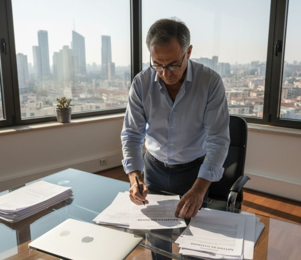 Un dirigente sta esaminando documenti relativi alla sicurezza nel suo ufficio.