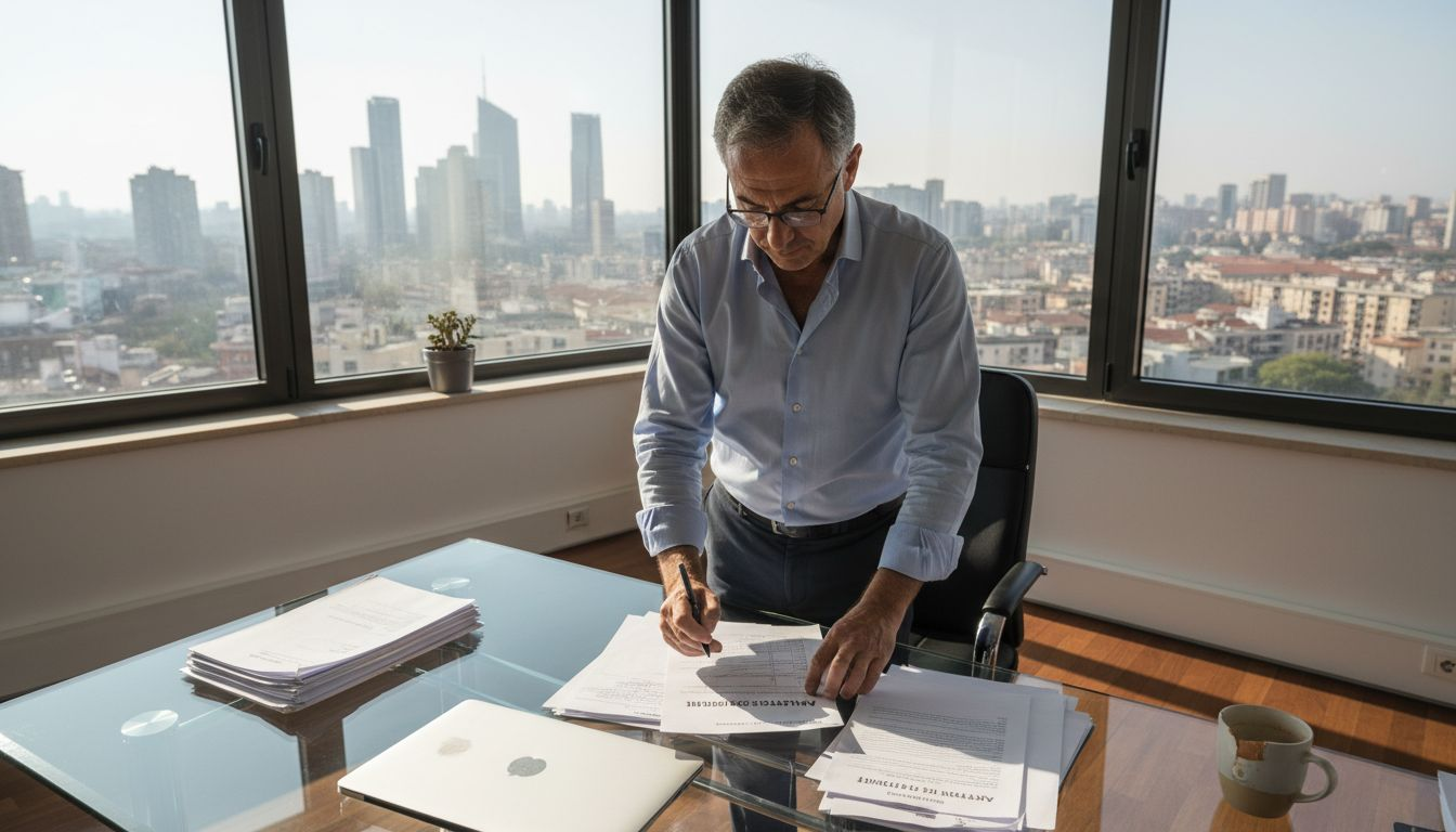 Un dirigente sta esaminando documenti relativi alla sicurezza nel suo ufficio.