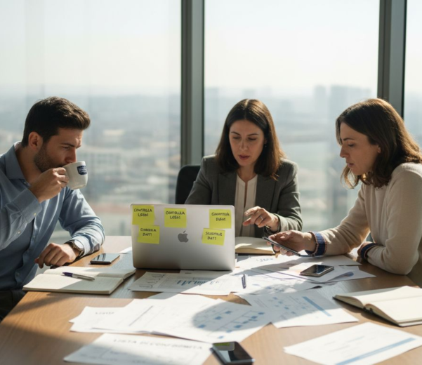 Il team di una PMI specializzata in SaaS si riunisce per confrontarsi sul rispetto delle normative sulla privacy.