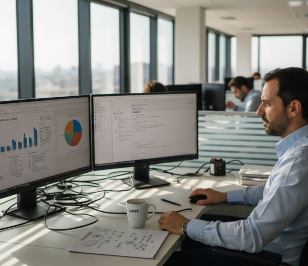 Responsabile IT che monitora la dashboard della sicurezza all’interno dell’area di lavoro