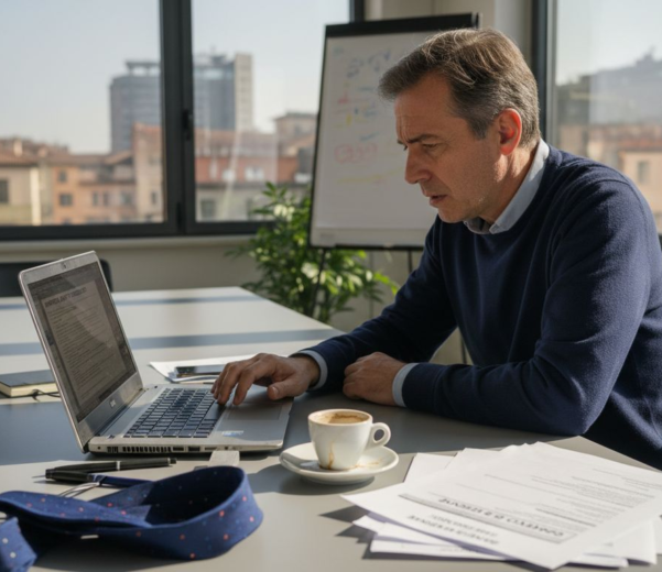 Responsabile IT preoccupato durante una riunione di revisione contabile